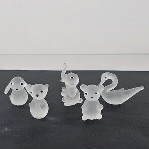 Mini Frosted Glass Animal Figurines Set Of 5 Bear Elephant Swan Bunny Cat
